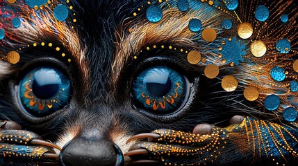 Wall Mural -   A close-up of a cat's face adorned with numerous blue and gold decorations