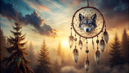 Wall Mural - Whispers of the Wild: A Dreamcatcher Adorned with Wolf Spirit  AI Generated