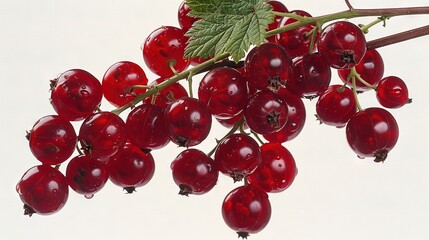 Wall Mural -   A cherry tree's close-up, displaying a cluster of ripe cherries and a green leaf