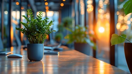 Canvas Print - Tranquil Indoor Workspace with Potted Plant and Sunlit Tabletop