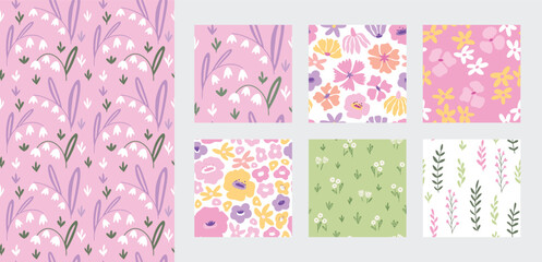 Wall Mural - Floral seamless pattern set, trendy graphic digital papers with botanical elements, flowers, leaves for your design. Hand drawn collection. Vector illustration.