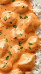 Wall Mural - A bowl of spicy chicken curry accompanied by fluffy white rice, garnished with fresh cilantro, set on a rustic wooden table