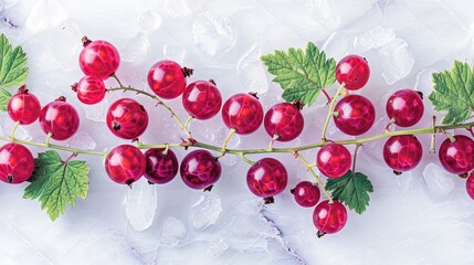 Wall Mural -   A macro image of a cherry cluster on a leaf-laden twig against an ice-covered white marble background