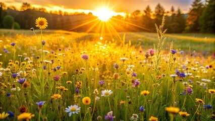 Canvas Print - Golden Sunlit Meadow: A Floral Tapestry of Warmth and Light  AI generated