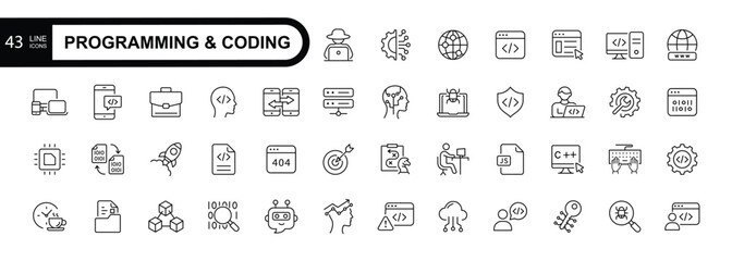 Programming and coding set of web icons in line style.  Editable stroke collection.