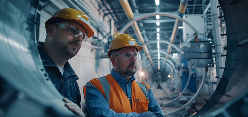 Two workers in protective gear inspecting industrial underground facility