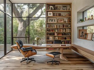 Wall Mural - A large, open office space with a large window and a tree outside. The room is filled with bookshelves and a desk with a lamp on it. The room has a cozy and inviting atmosphere