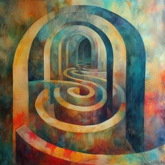 Abstract Watercolor Painting of a Curved, Multi-Colored Labyrinth