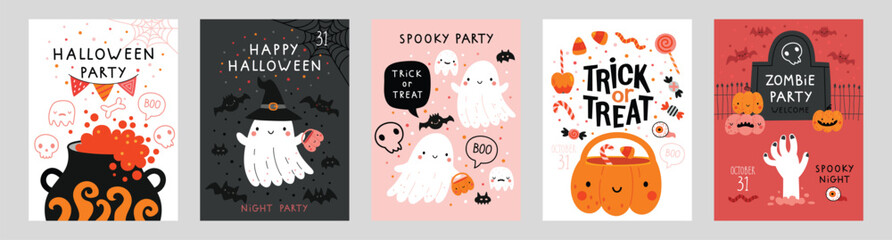 Wall Mural - Halloween hand drawn invitation or greeting Cards set. Graphic elements - pumpkins, ghosts, zombie, candy and others. Vector illustration.