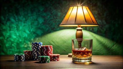 Poster - The Gamble's Glow: A Still Life of Whiskey and Chips  generative AI