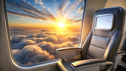 Poster - Sunrise Over the Clouds: A Modern Airplane Seat with a Blank Screen  generative AI