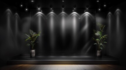   A room with two plants in the center and three wall lights illuminating it