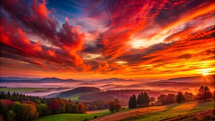 Canvas Print - Crimson Horizons: A Mystical Red Sunset Landscape  AI generated