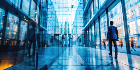 Poster - A man walks through a large, empty building with a reflective floor