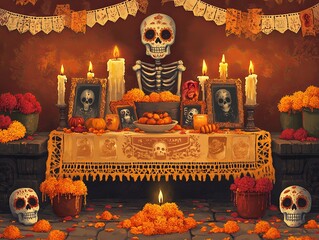 Wall Mural - Altars and Offerings Banner Description: A banner showcasing a traditional Day of the Dead altar