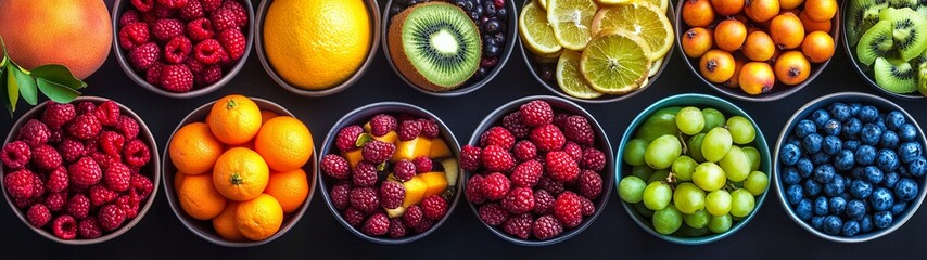 Poster - A Rainbow of Fresh Fruits: A vibrant array of fresh fruits arranged in bowls on a dark background