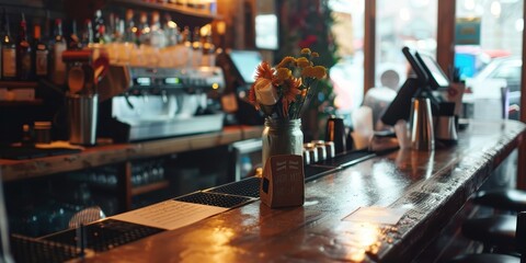 Wall Mural - A bar with a vase of flowers on the counter