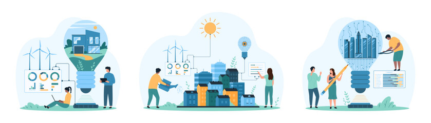 Futuristic smart city projects set. Tiny people develop smart ideas to optimize modern building and urban infrastructure, control settings, grow eco sustainable environment cartoon vector illustration