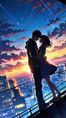 Wall Mural - anime couple on rooftop background illustration cartoon design manga scene