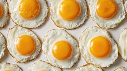 Close-up of fried eggs arranged in a pattern on a plain background, captured from above.