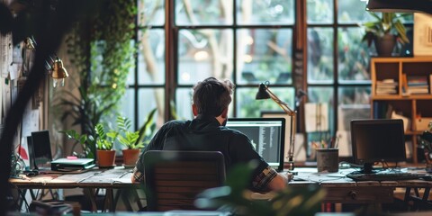 Sticker - A man is sitting at a desk with a laptop and a potted plant in front of him