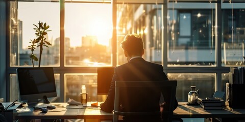 Wall Mural - A man is sitting at a desk with a view of the city