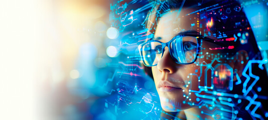 a woman in glasses examining digital interfaces with data overlaying her face banner. ux coding, big