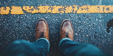 Sticker - A person is standing on a wet road with a yellow line