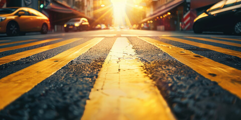 Poster - A street scene with cars and a yellow line