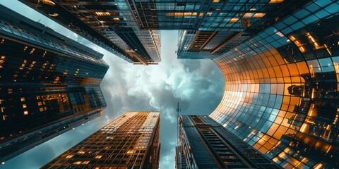 Poster - A city skyline with a cloudy sky and a large building in the middle