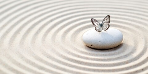 zen stone with butterfly, butterfly on zen stone, zen garden meditation stone background, and lines 