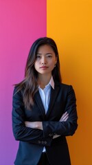 Wall Mural - Corporate woman in front of a bright color background.