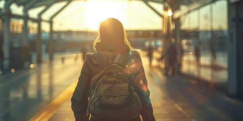 Canvas Print - A woman wearing a backpack is walking through a large building