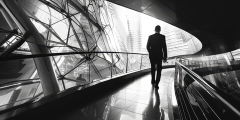 Wall Mural - A man walks down a long hallway in a building