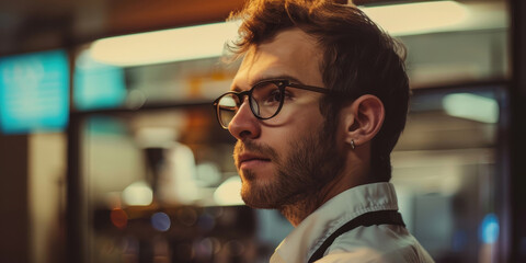 Sticker - A man wearing glasses is standing in a restaurant