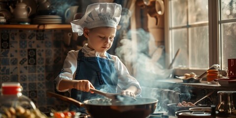 Wall Mural - A young boy in a chef's hat is cooking in a kitchen