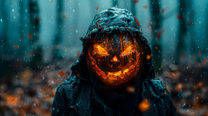 Hooded man with a Jack O Lantern pumpkin on his head.