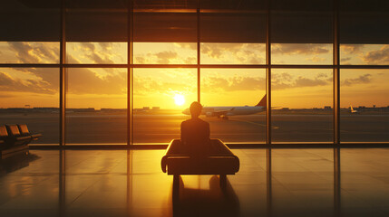 Wall Mural - /imagine prompt:capture a serene moment during golden hour, focusing on a solitary figure sitting on an airport bench, background features a large window showing a plane on tarmac under a vast, amber-