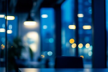 Poster - Stunning blurred background of a modern and light office interior with panoramic windows and lovely lighting.