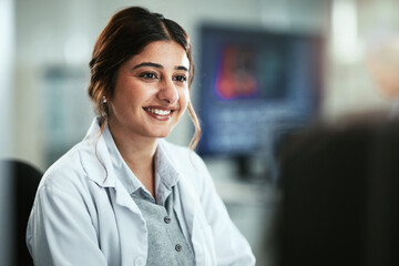 Poster - Scientist, woman and reading on computer in laboratory for medical research and pharmaceutical study results. Professional, happy and face of researcher for chemistry science simulation and report