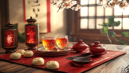 Sticker - Chinese New Year, table top, tea, traditional