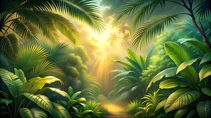 Wall Mural - Tropical Paradise: Lush Green Leaves and Golden Light  AI generated