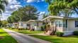 © DigitalArt Max - Serene row of tidy residential mobile homes with pitched roofs, trim lawns, and quaint porches, nestled among mature trees in a peaceful mobile home park.