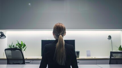 Poster - Minimalistic view of a businesswoman in a professional workspace.