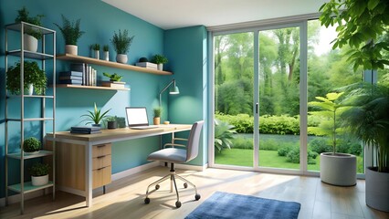 Canvas Print - A Symphony of Blue and Green: The Serene Home Office  Generative AI