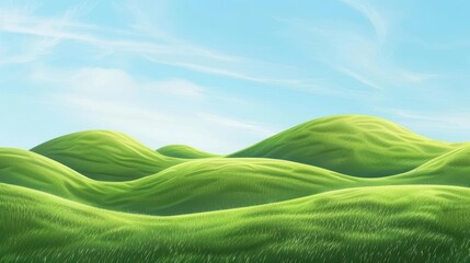 Background of green grass field on hills and blue sky 2D Illustration