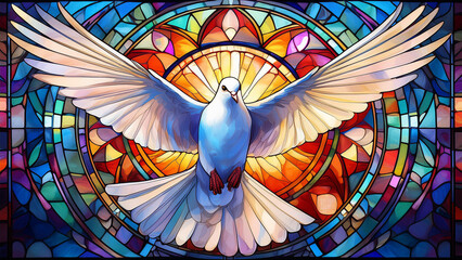 A white dove, symbolizing peace, hope and the Holy Spirit, against the background of a beautiful, colorful church stained glass window. 4K wallpaper