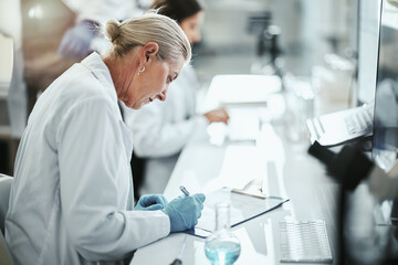 Aufkleber - clipboard, woman and scientist writing in laboratory for medical research on cancer drug trial. chec