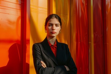 Canvas Print - Professional woman in front of a modern color backdrop.