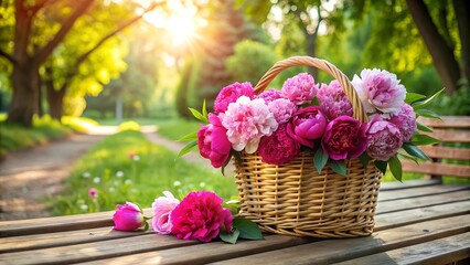 Poster - A Tranquil Scene of Peonies in a Basket Beside a Rustic Bench in a Sun-Drenched Park  AI Generated